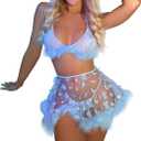 Women's Shiny Rave Outfits Holographic Halter Bra Top Mini Skirt 2Pcs Glitter Sequin Music Festival Party Clubwear (Large)