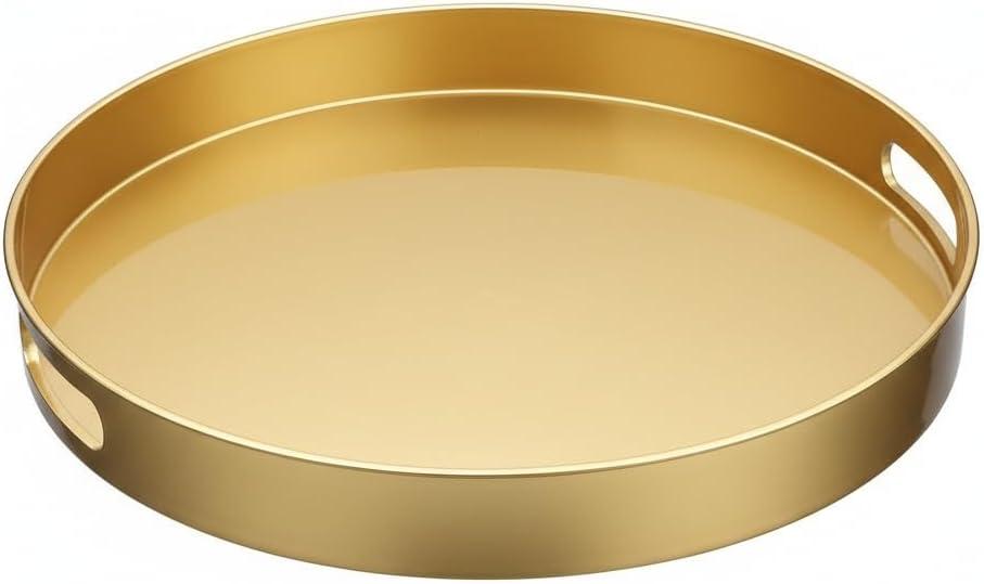Spsyrine Round Gold Decorative Tray, 13" Plastic Serving Table Tray with Handles for Ottoman, Coffee Table, Bathroom, Kitchen, Living Room