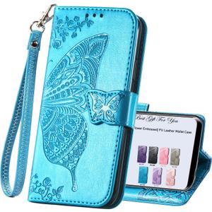 for Samsung Galaxy A15 5G Phone Case Wallet,Women Flip Folio Cover Credit Card Holders Emboss Butterfly Flower PU Leather Purse Wrist Strap Kickstand Case for Samsung Galaxy A15 5G Blue