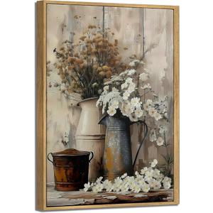 Framed Rustic Farmhouse Daisy Canvas Wall Art Vintage Country Flower Painting Picture Wall Decor Daisy Flowers and Watering Can Poster Print for Living Room Bathroom Home Decoration 8x10in