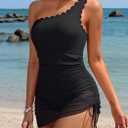 Charmo One Shoulder One Piece Swim Dress Ribbed Scalloped Swimsuit Women Mesh Sheer Wraps Slimming Bathing Suit Swimwear (Black, M)