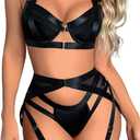 Kaei&Shi Garter Belt Thong Lingerie for Women, Strappy Hollow Out Underwire Racerback Sexy Lingerie, Harness Garter Leg Strap Matching 4 Piece Lingerie Set Boudoir Black Medium