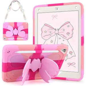VOFUOE for iPad 6th/5th Generation Case for Kids Girls for iPad 9.7 Case 2018 2017 with Bow Stand Shoulder Strap Pencil Holder 2 in 1 Hard Protective Cover for iPad Pro for iPad Air 2th-Colorful Pink
