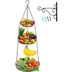 HULISEN 3 Tier Hanging Fruit Basket with Banana Hook, 36-Inch Heavy-Duty Wire Hanging Baskets for Kitchen Storage, Vegetable Produce Organizer (Including Installation Bracket)