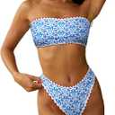 ZAFUL Women Strapless Textured Bandeau Bikini 2 Piece Swimwear Cheeky Solid Lace up Bathing Suits (Small)