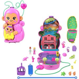 Polly Pocket Dolls & Playset with Pets & 13 Accessories, 2-in-1 Momma Monkey & Baby Wearable Purse & Animal Toy