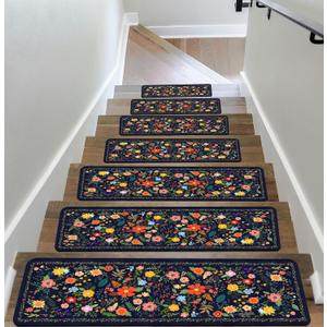 Floral Stair Treads for Wooden Steps Non-Slip 8"X30" 15PCS Flower Stair Carpet Rubber Backing Stair Runner Stair Rugs Indoor Safety Stair Mats for Elders Kids Dogs Blue