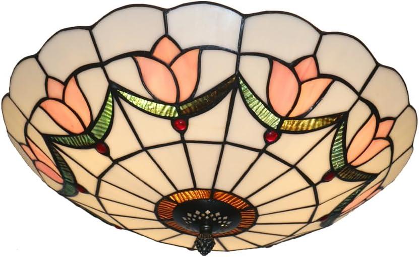 16 Inch Tiffany Style Stained Glass Ceiling Light Flush Mount Ceiling Light Vintage Chandeliers Pendent Light Fixtures (16 Inch Pink)