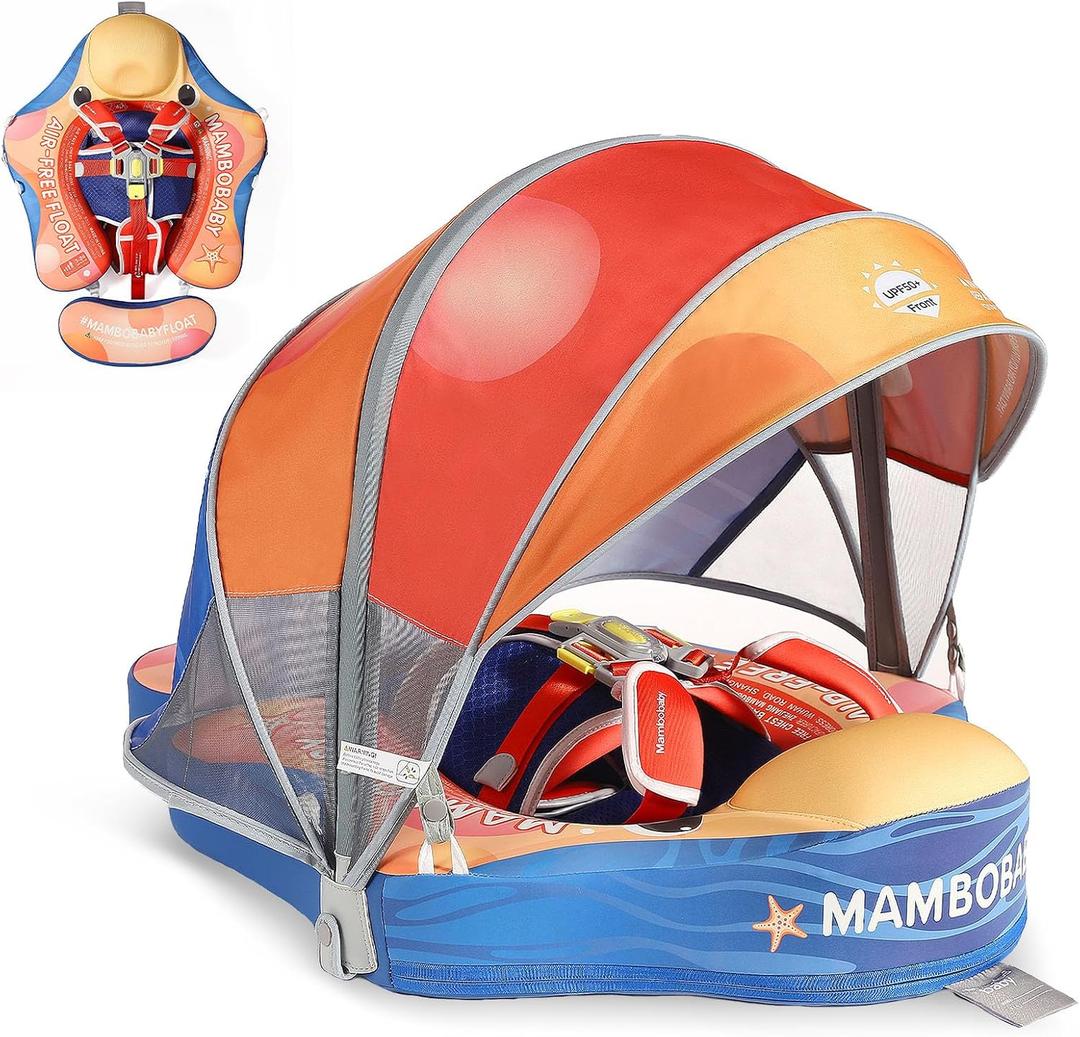 Mambobaby Baby Pool Float with Canopy, Non-Inflatable Infant Swim Float with Safe Seat and Tail Support for 3-24 Months, UPF 50+ Sun Protection, 19.6 x 22.8"