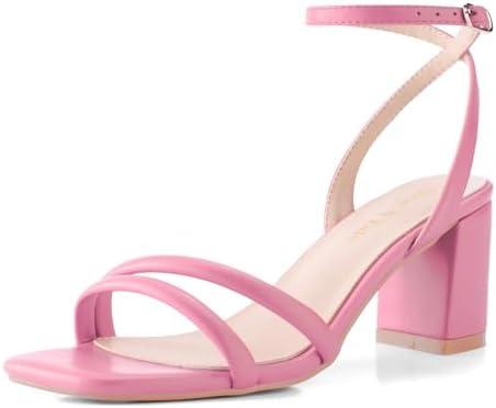 Shoe'N Tale Strappy Heels for Women Square Toe Chunky Block Heels Ankle Buckle Heeled Sandals(7, Pink)