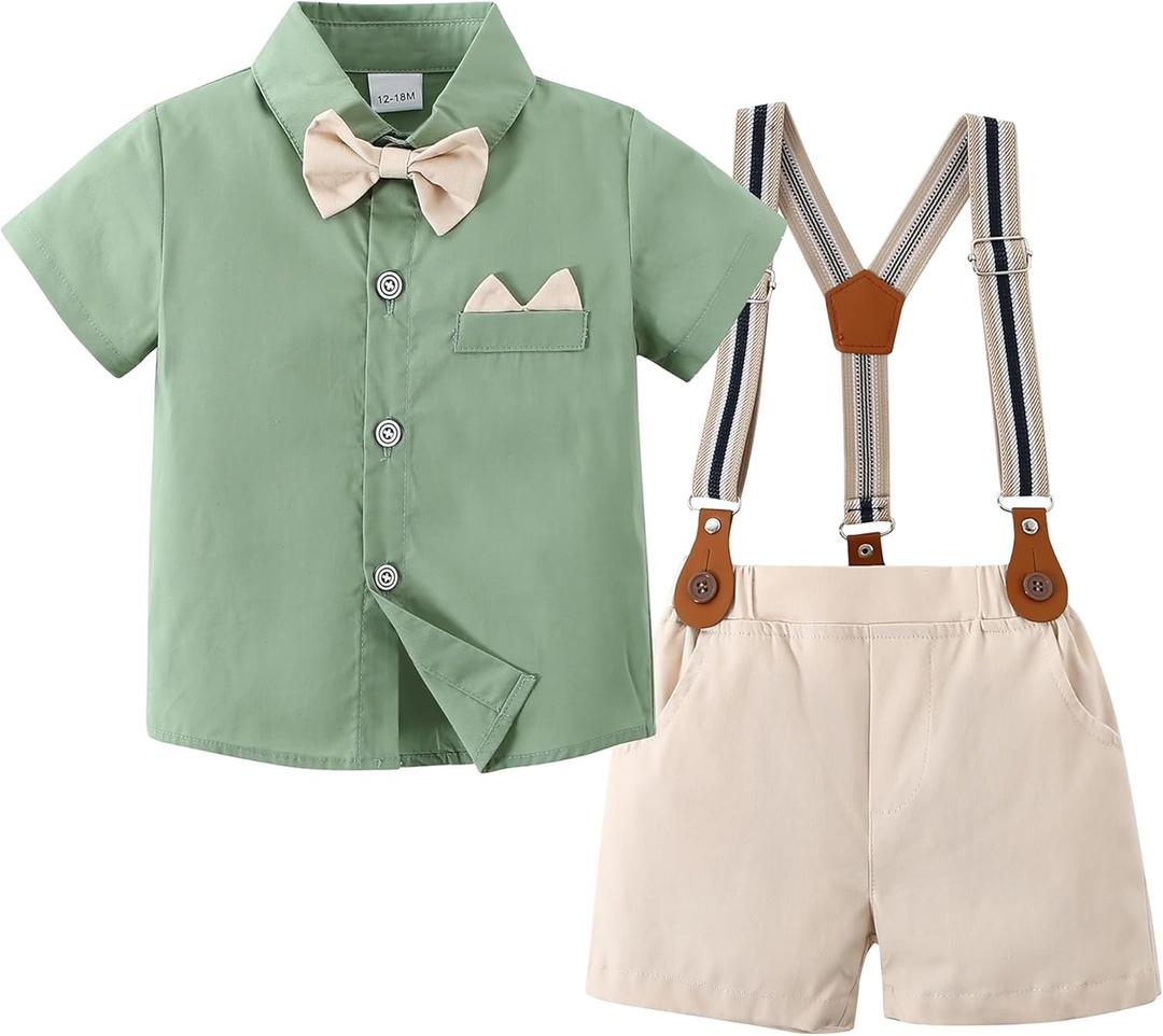 YUEMION Baby Boy Clothes Suits, Toddler Summer Formal Short Shirt+ Bowtie+ Suspender Shorts Gentleman Wedding Outfit(12M-5T) (18-24 Months)