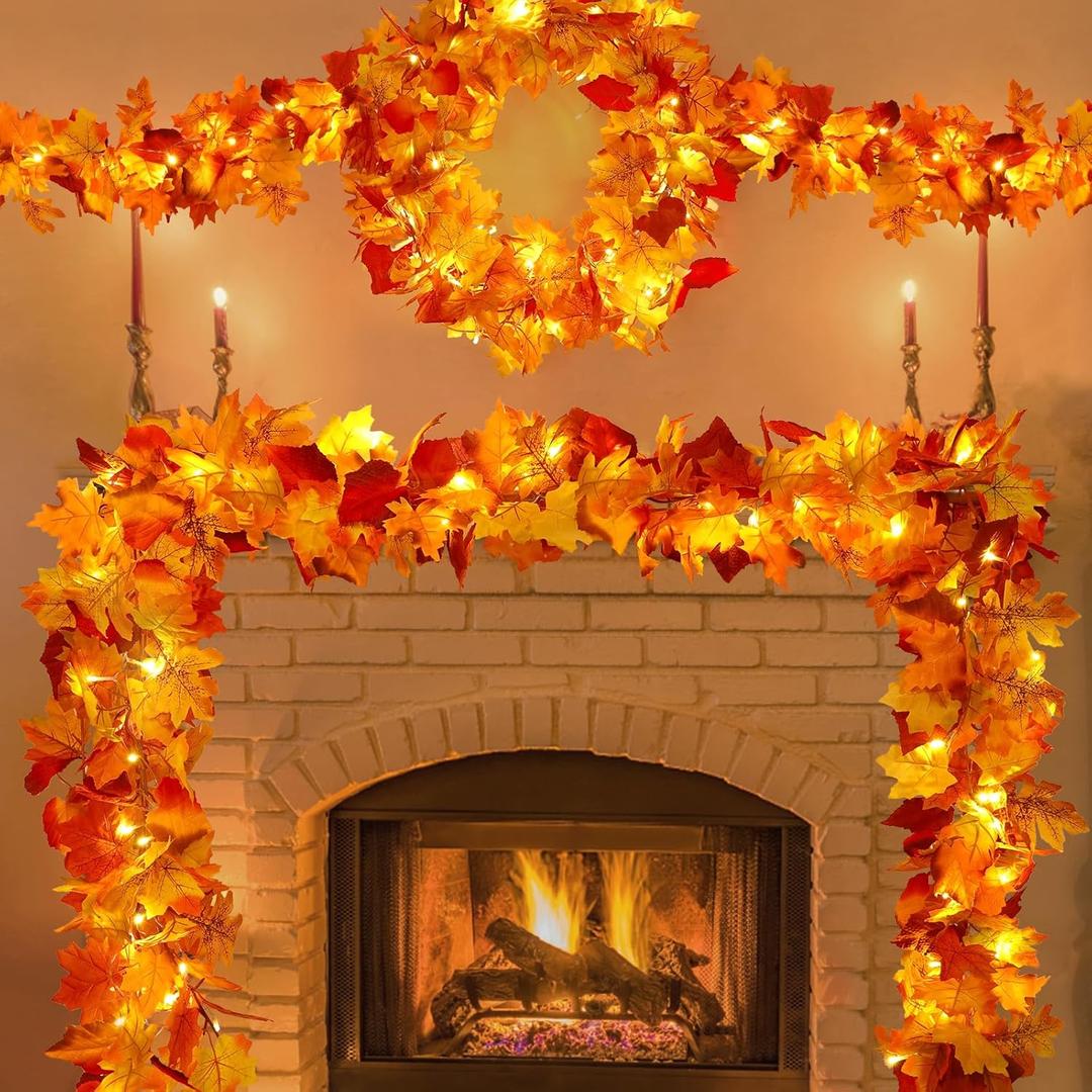23.6Ft Thanksgiving Decorations Fall Decor for Home Lighted Fall Garland Maple Leaves Total 80 LED Fall Decorations for Home Halloween Decorations Outdoor String Lights for Autumn Decor Harvest