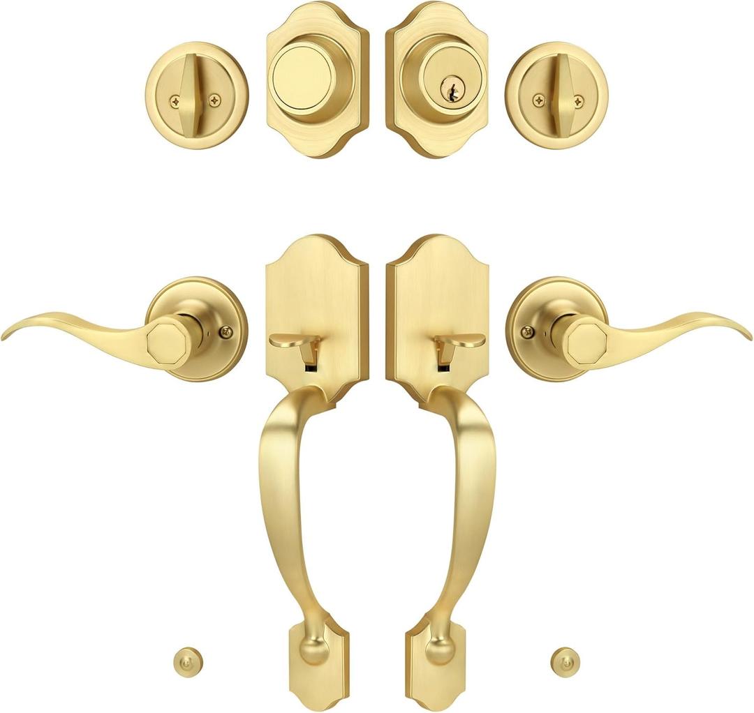 Double Front Door Handle Set with Dummy and Deadbolt, Brushed Gold Entry Front Door Lock Set with Gold Classic Half Grip Curved Door Handle for Exterior Doors or Office, Satin Brass