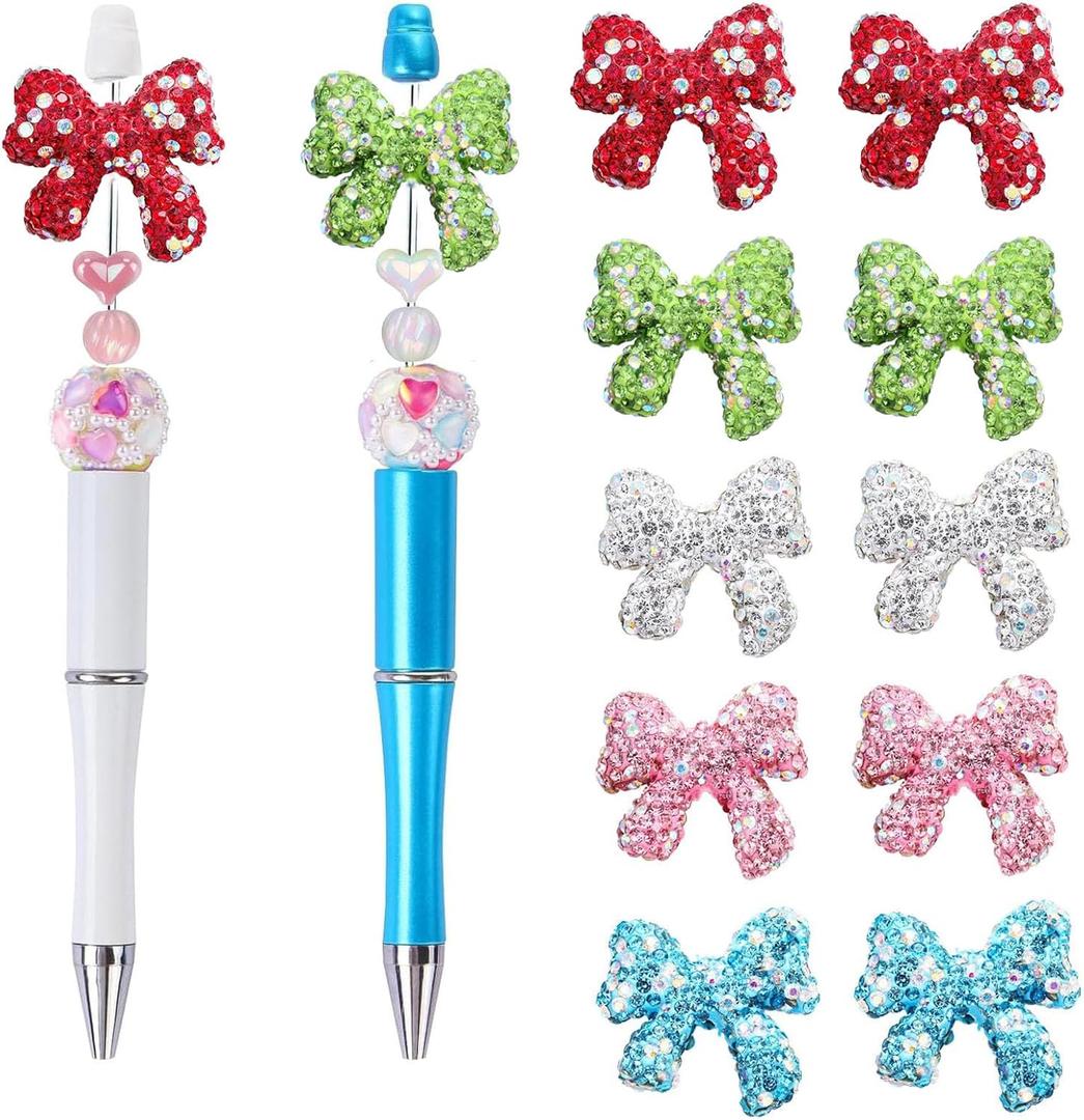 10 Pack Rhinestone Bow Shaped Beads for Beadable Pens Crystal Bowknot Loose Large Spacer Bead Charms for DIY Keychain Earring Necklace Jewelry Making Chirsmas Color (Bow 5 Color B)