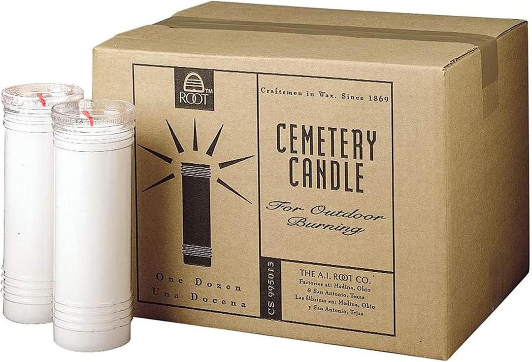 Root Candles Cemetery Prayer Candles for Outdoor Burning in Clear Flame Resistant Plastic Vessels, 12-Count, Memorial