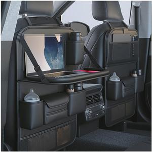 2 Pack Leather Car Backseat Organizer with Foldable Table Tray, Car Seat Back Protectors Kick Mats, Foldable Car Seat Organizer with Tablet Holder