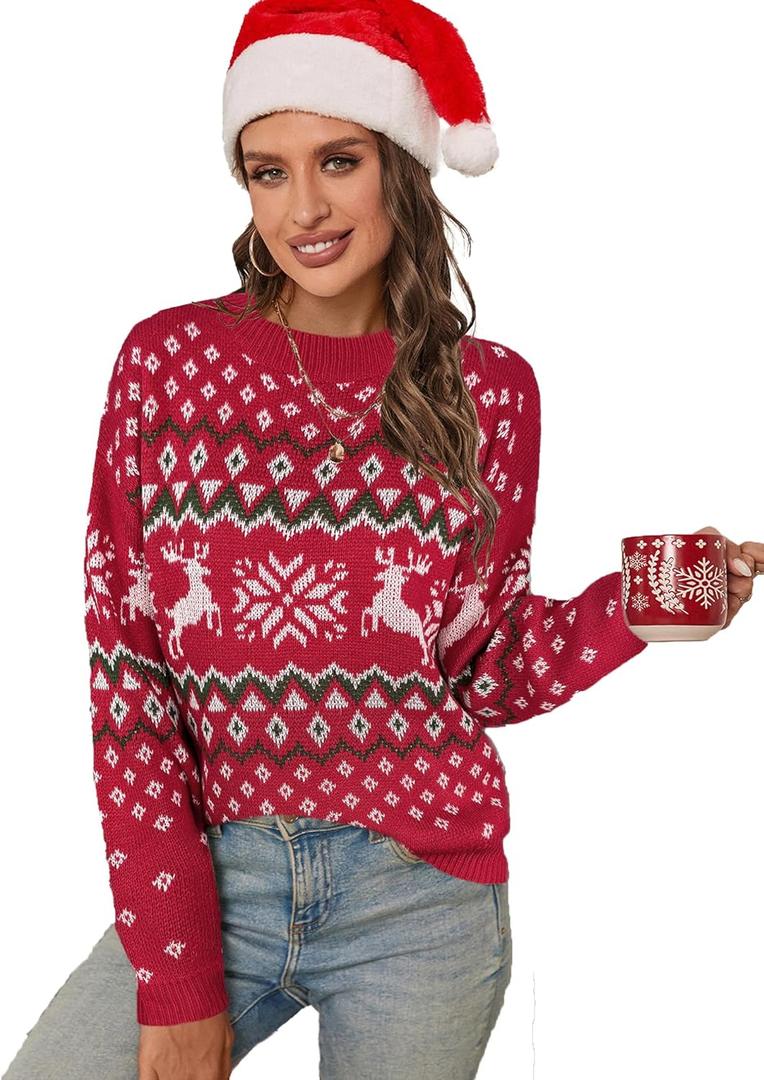 SunnyMelody Womens Christmas Funny Ugly Sweater Winter 2025 Vacation Outfits Oversized Crew Neck Xmas Pullover Tops (Red, S)