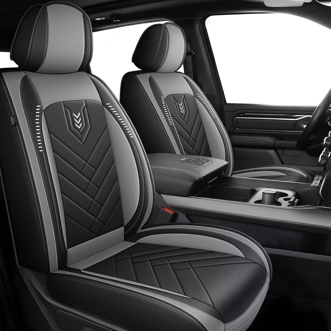 DISUTOGO Seat Covers Fit for Dodge RAM 1500 2500 3500 2012-2024 2025 2026 Full Set with Waterproof Leather Automotive Vehicle Cushion Cover for Cars Truck5 Seats/Curved Bench/Black&Grey