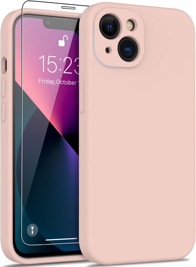 DEENAKIN Compatible with iPhone 13 Silicone Case - Enhanced Camera Protection and Screen Protector - Smooth Baby Skin-Like Feel - Slim Fit Phone Cover 6.1" for Women Girls - Baby Pink