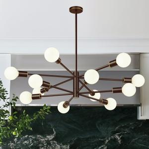 Sputnik Chandeliers Dining Room Light Fixture (12-Light, 33-Inch), Modern Brown and Gold Chandelier, Height Adjustable Mid Century Modern Chandeliers for Dining Room Kitchen (Bulbs Not Included)