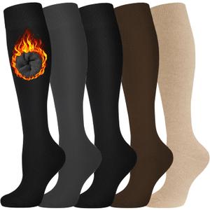 5 Pairs Warm Knee High Socks for Women-Thermal Cotton Socks for Hiking,Work,Winter,Gifts (One Size, 5pack Black/Grey/Brown/Beige/Black)