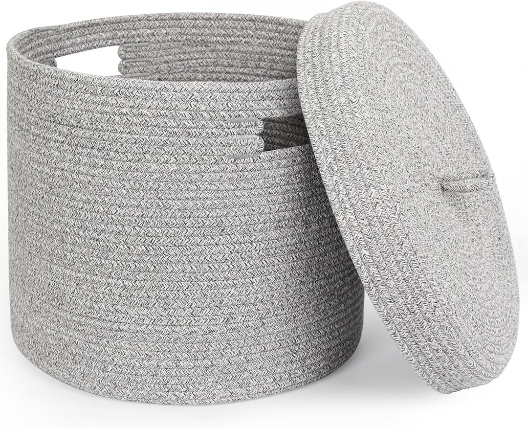 Storage Basket with Lid, Woven Blanket Storage for Living Room, Soft Cotton Rope Bin with Lid, Round Wicker Laundry Basket with Cover, Lidded Kid Dog Toy Box, Nursery Organizer, 15"x13", Gray