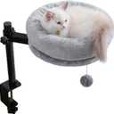 BYBYME Cat Desk Bed for Indoor Cats, Kitty Bed for Worktable Supports 44 lbs, 360 Rotation & Adjustable, Soft Cat Nest Desktop with Hanging Ball for Office Desks Home Tables, 12" in DiameterGray
