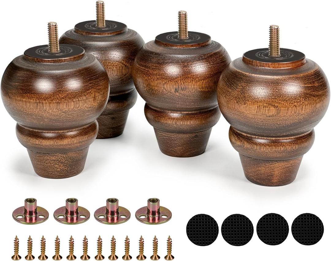 4 Inch Wooden Furniture Legs Set of 4 Sofa Replacement Brown Round Solid Wood Furniture Feet for Armchair Couch Cabinet Dresser Ottoman TV Stand Bed Legs with Mounting Plates Screws