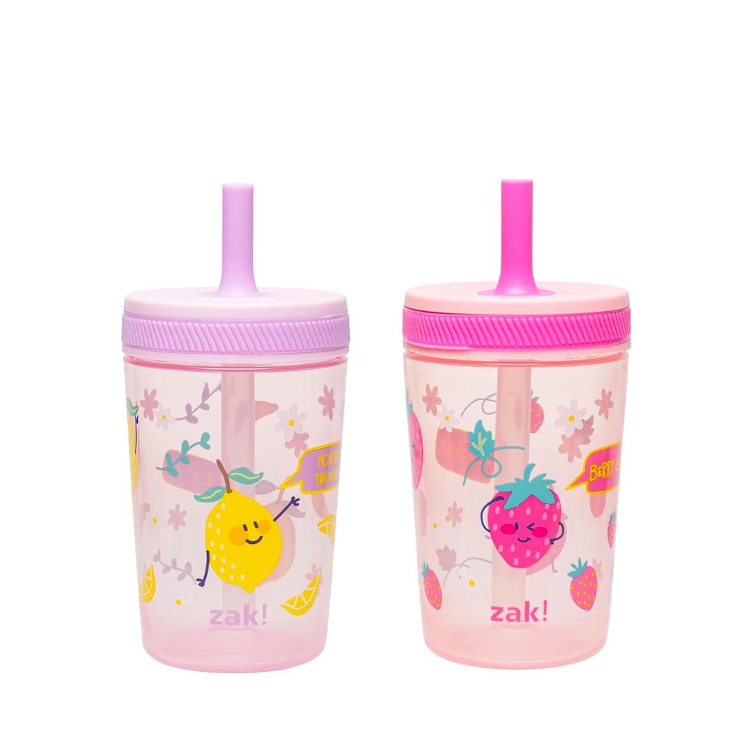 2 x Zak Designs Kelso Toddler Cups For Travel or At Home, 15oz 2-Pack Durable Plastic Sippy Cups With Leak-Proof Design is Perfect For Kids (Sweet Berry, Lemon Zest)