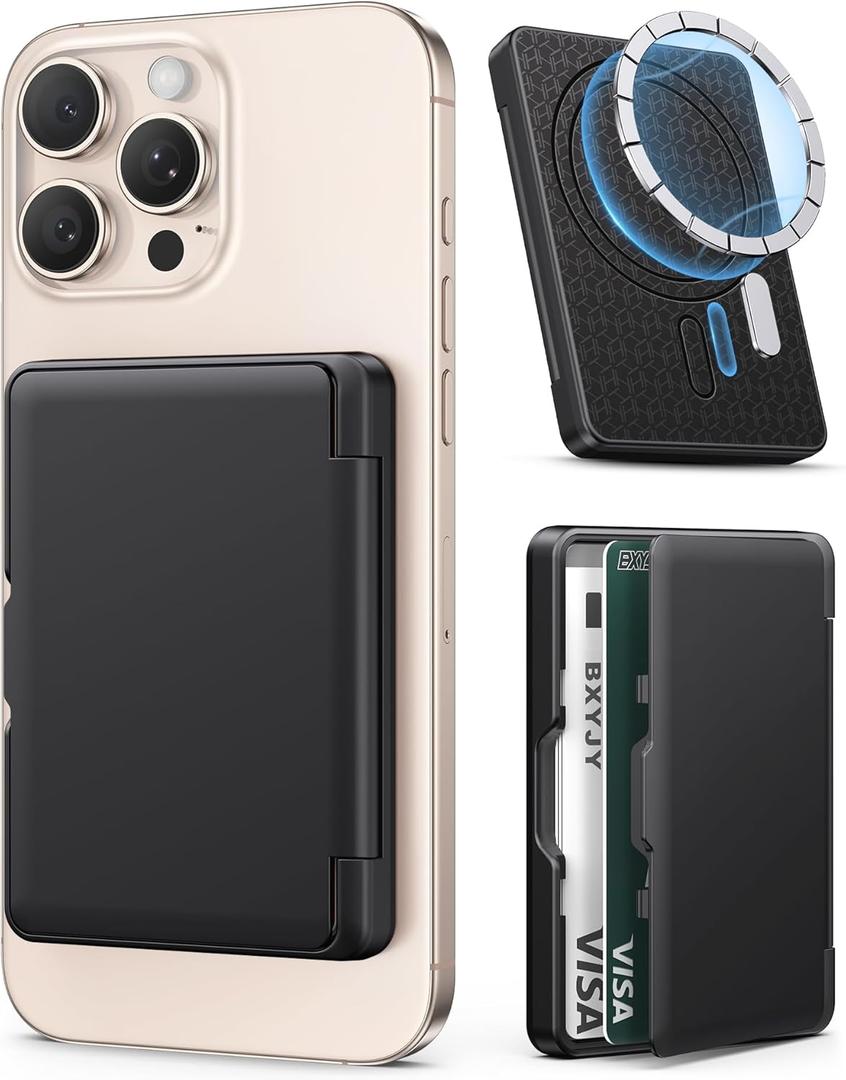 for MagSafe Wallet, Magnetic Card Holder(4-5 Cards), RFID Protection, Built-in Mirror, Men Women Phone Wallet for iPhone 16/15/14/13/12 Series or Magnetic Case, Not for iPhone 13/12 Mini, Black