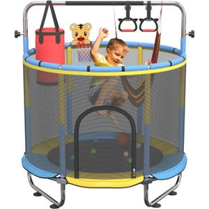 60" Trampoline for Kids, 500lbs Capacity Indoor Outdoor Toddler Trampoline with Adjustable Gymnastics Bar, Gifts for Boy Girl Age 1-8 (Yellow-Blue)