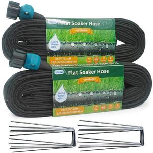 2025 Flat Soaker Hose 50 ft (25ft 2Packs) with Stake for Garden, Linkable Drip Hose Diy Automates Garden Irrigation System Saving 87% Water, Dual-layer Leak-free Design Water Hose with Holes