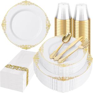 Hioasis 175pcs White and Gold Plates - White Party Plates for 25 Guest, Include 50 Heavy-duty Plates(20% Thicker Than Standard), 25 Cutlery Set, 25 Napkin, 25 Cups