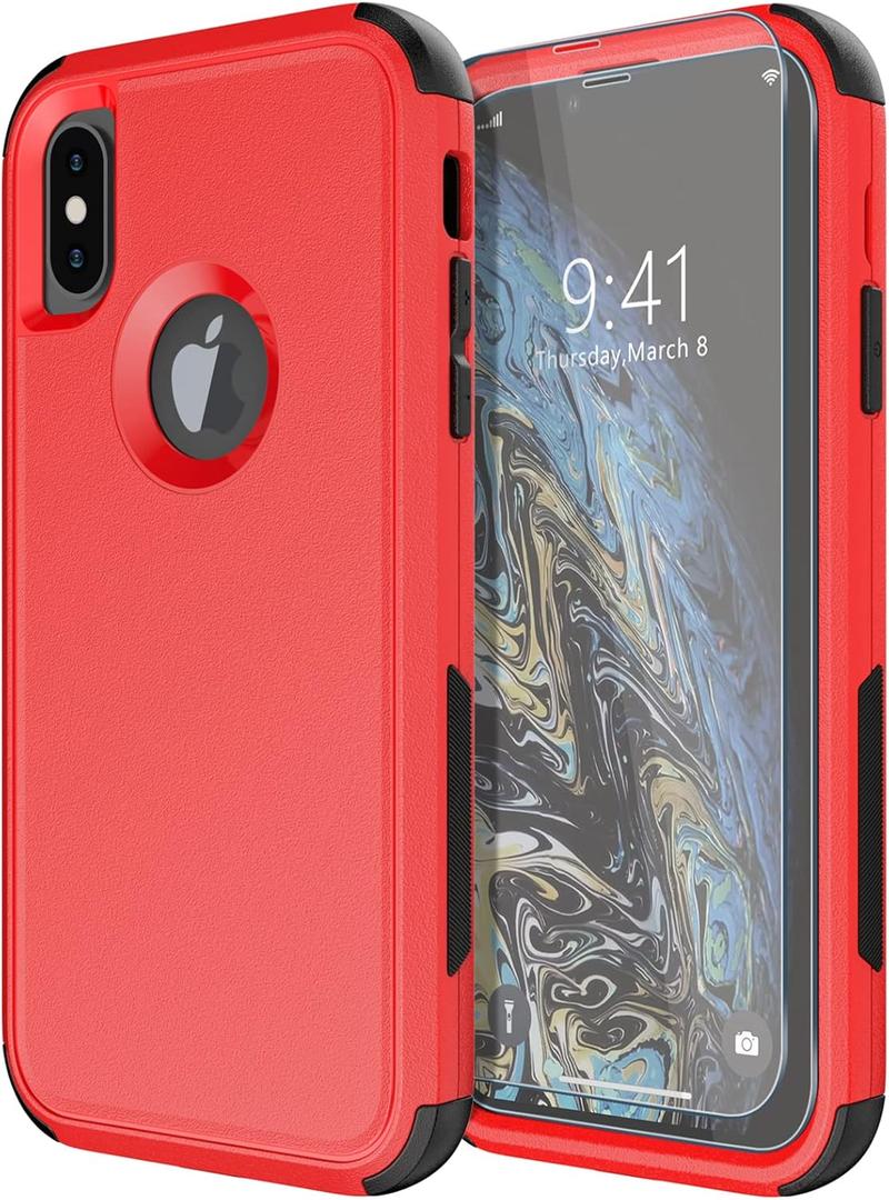 Diverbox for iPhone X Case/iPhone Xs Case [Shockproof] [Dropproof] [Tempered Glass Screen Protector ] Heavy Duty Protection Phone Case Cover for Apple iPhone X/XS (Red)