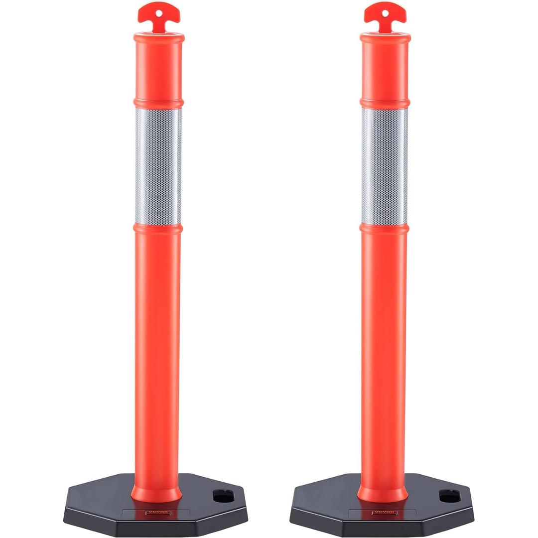 VEVOR Traffic Delineator Post Cones, 2 Pack, Traffic Safety Delineator Barrier with 16.93 x 16.93 in Rubber Base, for Traffic Control Warning Outdoor Indoor Use Parking Lot Construction Caution Roads