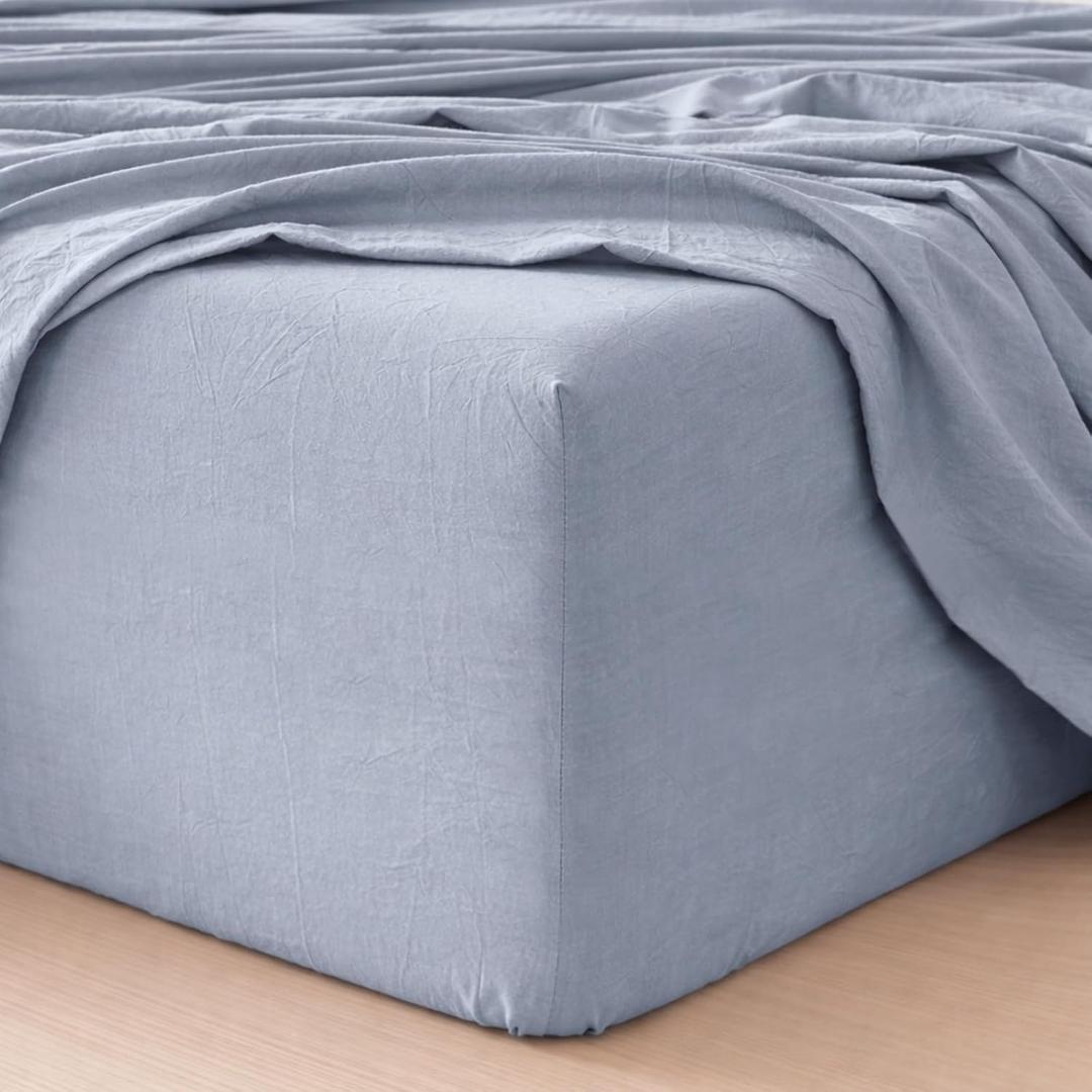 MooMee Fitted Bottom Sheet Only 100% Washed Cotton Linen Like Textured Breathable Durable Soft Comfy Deep Pocket Fits Mattress up to 17" (Cornflower Blue, Twin)