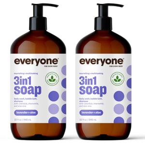 Everyone 3-in-1 Soap, Body Wash, Bubble Bath, Shampoo, 32 Ounce (Pack of 2), Lavender and Aloe, Coconut Cleanser with Organic Plant Extracts and Pure Essential Oils  (32 Fl Oz (Pack of 2))