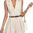 SOLY HUX Women's V Neck Collar Sleeveless Romper Pleated Wide Leg Loose Short Jumpsuit (Large, Pure Khaki)