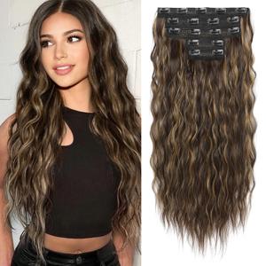 Clip in Hair Extensions, REECHO 5PCS Brown Hair Extensions 24" Thick Long Loose Waves hair extensions HE002 Invisible Lace Weft Natural Soft Hairpieces for Women  Dark Brown with Highlights