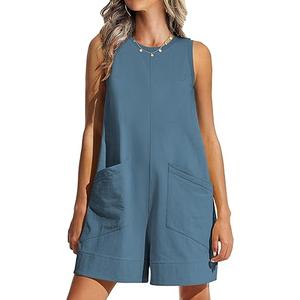 Women's Summer Rompers Loose Overalls Casual Sleeveless Short Jumpsuits with Pockets (Black) L