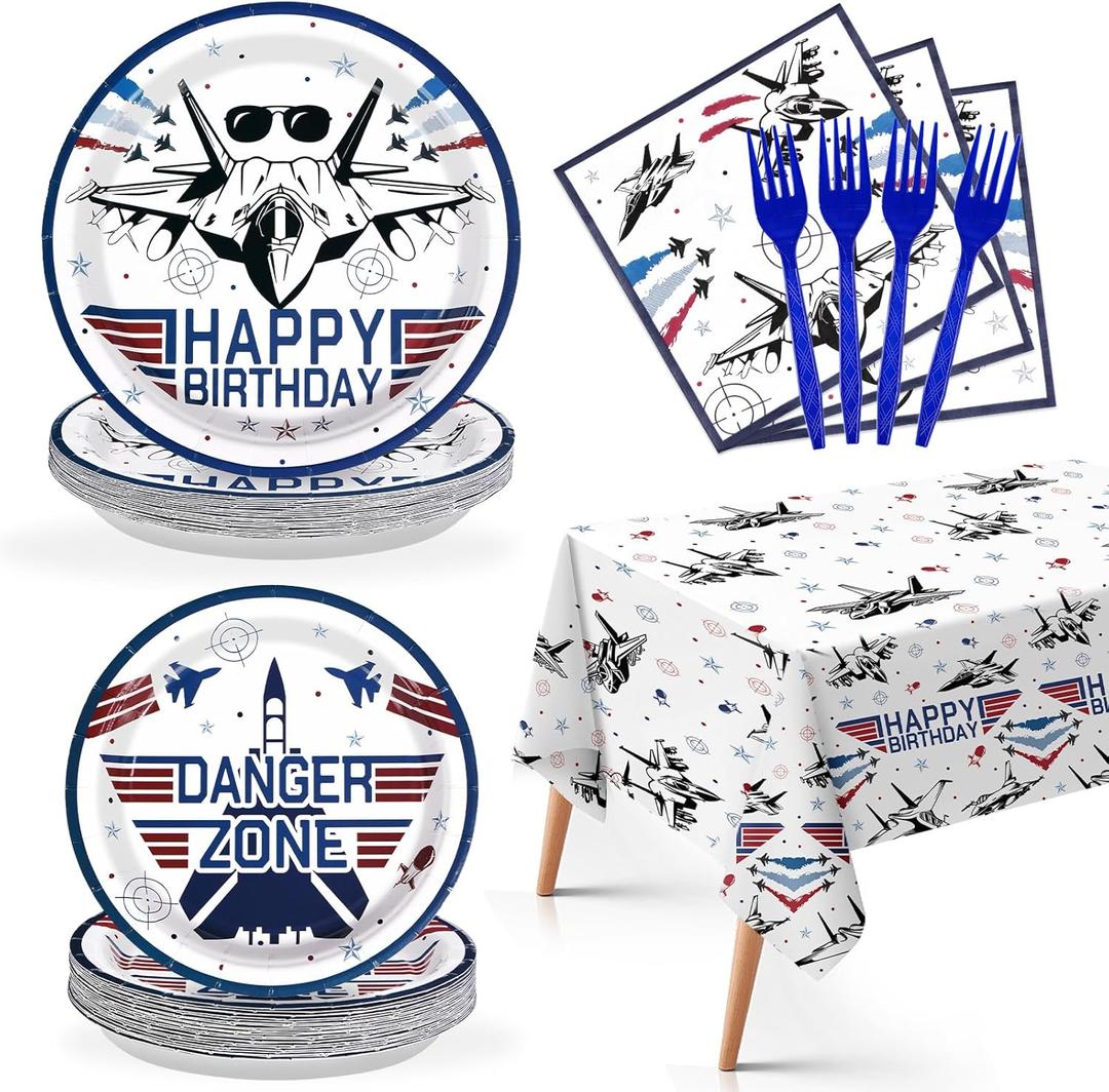 98Pcs Fighter Jet Pilot Birthday Decorations Military Jet Plates Napkins Forks Tablecloths Top Air Force Gun Tableware Set Airplane Birthday Party Decorations for Pilot Aviation Party Supplies Serve24