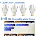 BBQ Gloves Disposable Heat Resistant - 4 Reusable Cotton Liners & 100 Nitrile Gloves for Barbecue Smoker, Grilling, Cooking Hot Meat, Food Prep - 5Mil, Non-Slip Grip, Black X-Large