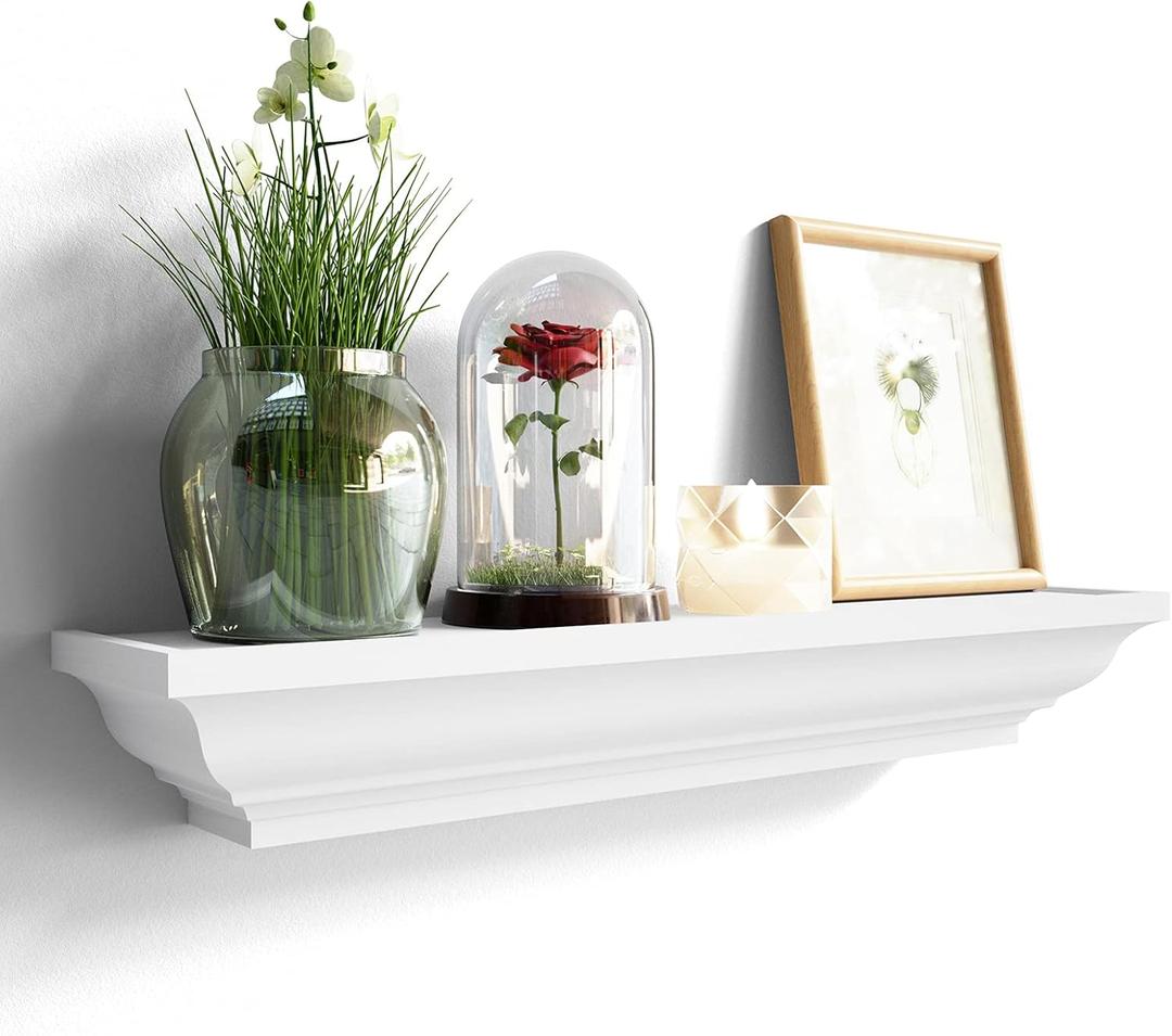 SRIWATANA White Floating Shelf, 24 Inch Solid Wood Storage Wall Shelf Display Ledge Shelvf Decor for Bedroom, Living Room, Bathroom, Kitchen - White
