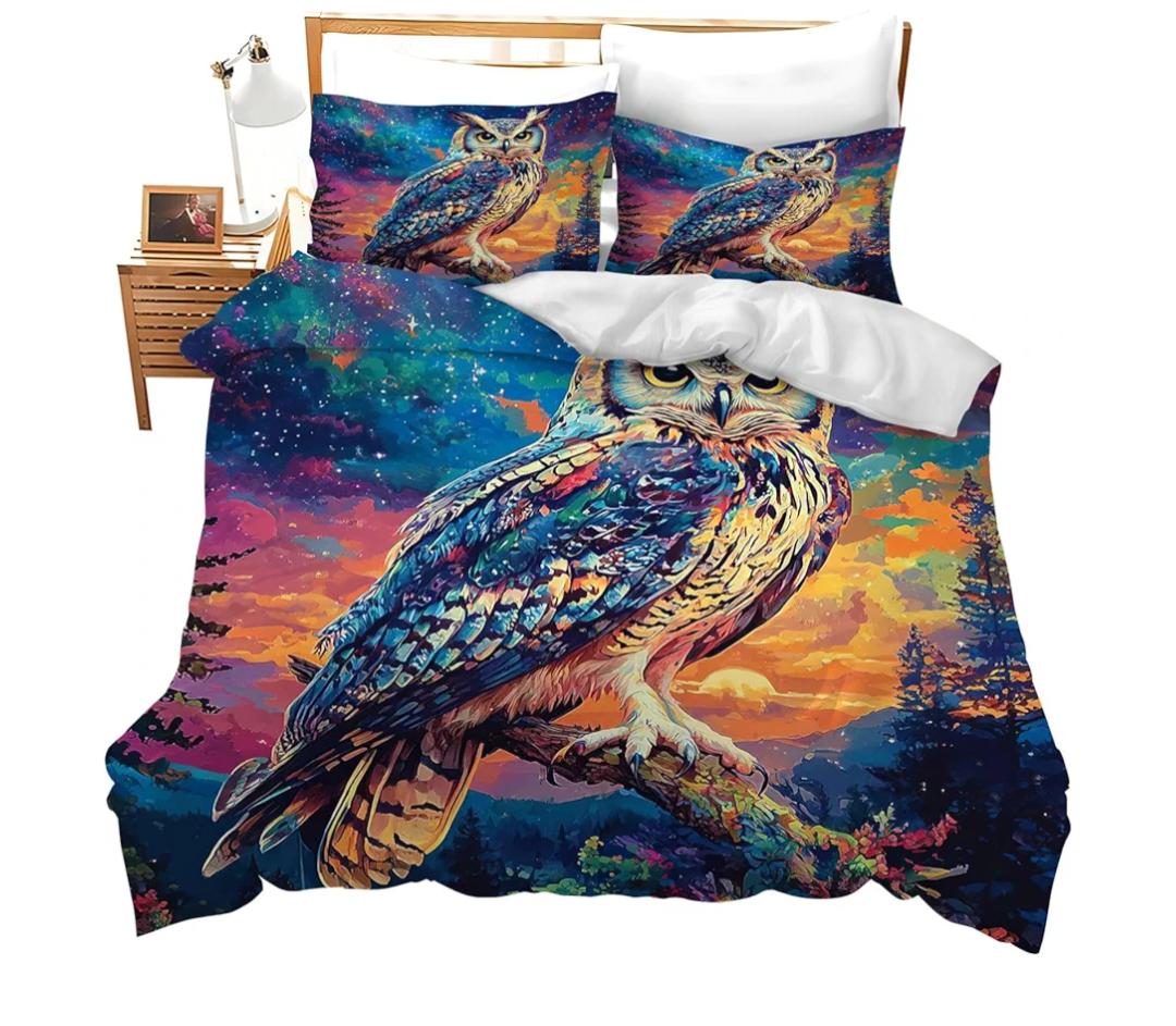 jamie world Owl Bedding Set King Size Animal Forest Duvet Comforter Cover Fantasy Cozy Quilt Cover Decorative Soft Bed Sets with 2 Pillowcases for Kids Adults