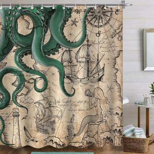 Fungarth Long Vintage Green Nautical Octopus Shower Curtain Mermaid Funny Ocean Kraken Shower Curtains for Bathroom Cool Anchor Coastal Map Waterproof Fabric Bath Curtain Decor (Retro2, 72 x 78)