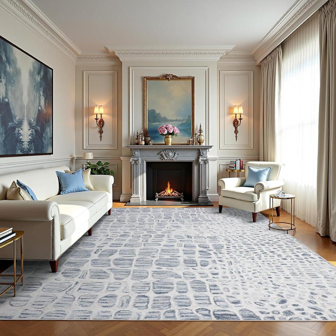 Washable Rugs 8x10 Area Rugs for Living Room,Bedroom,Dining Room- Modern Abstract Large Area Rugs with Non Slip Rubber Backing,Soft Low Pile Neutral Accent Carpet for Nursery Dorm Home Office (White-blue-gray)