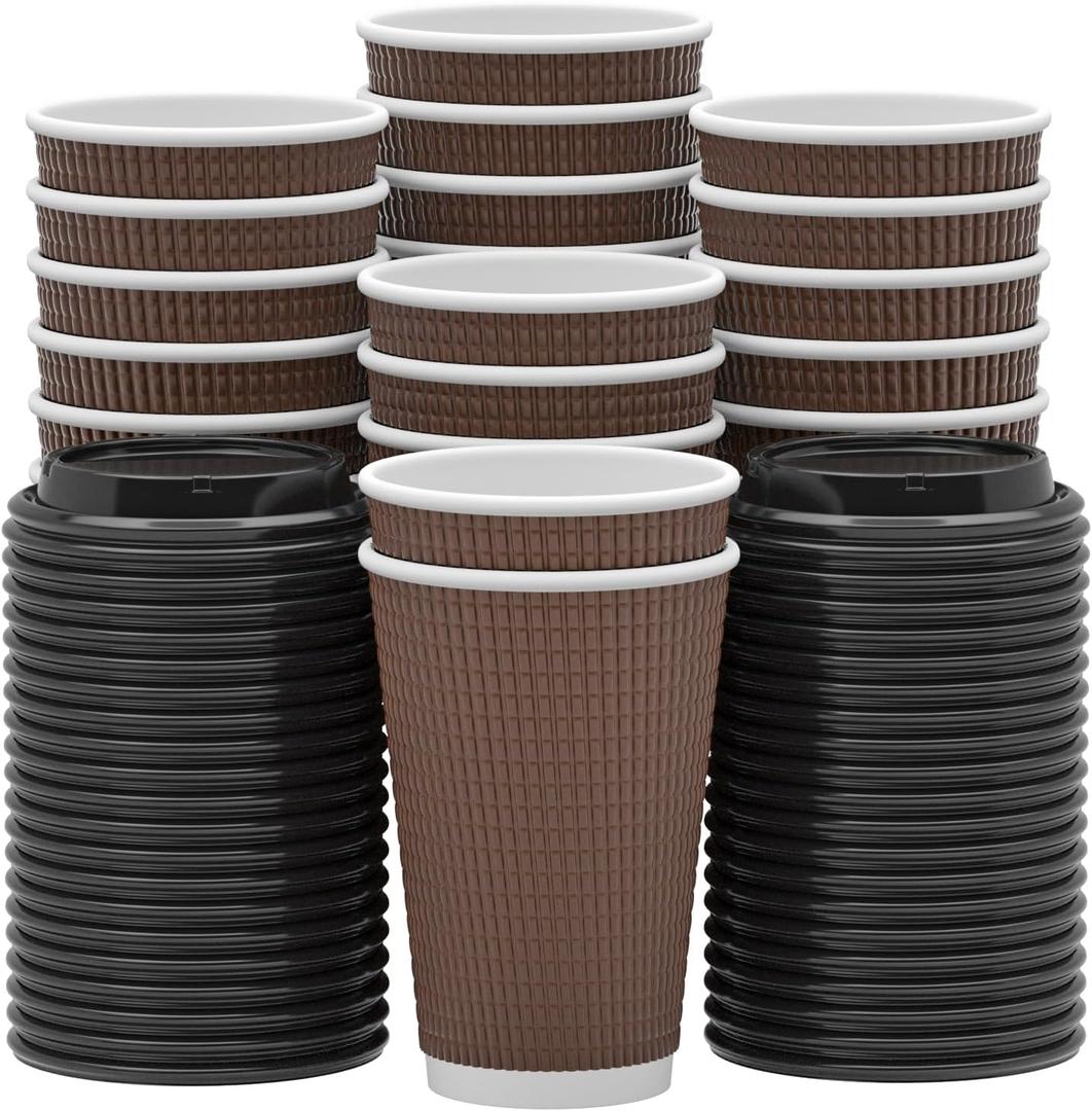 Qunclay Disposable Coffee Cups with Lids,16 oz (80 Pack) Togo Hot Paper Coffee Cup with Leak-Proof Lid To Go for Hot/Cold Beverages Insulated Reusable Drinks Corrugated Ripple Cups, Brown 