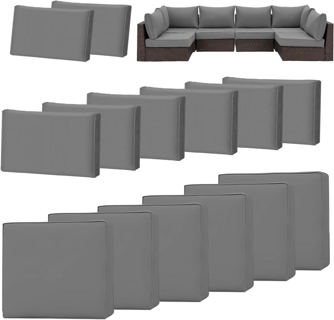 HOMREST 14-Piece Outdoor Cushion Covers Set for Patio Furniture, Reversible Double-Sided Sofa Slipcovers with Zipper, Water-Repellent Replacement Covers Only (Grey, 25.625.63.9in)