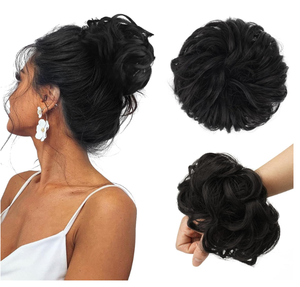 FESHFEN Messy Bun Hair Pieces - Large Wavy Curly Elastic Hair Bun Scrunchies Ponytail Extensions Synthetic Chignon Hairpieces for Women, Natural Black 1.94oz 2 pcs