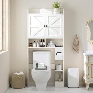 MUUEGM Over The Toilet Storage Cabinet with Barn Doors, White Bathroom Organizer, Farmhouse Tall Bathroom Storage Cabinet with Toilet Paper Holder, Above Toilet Shelf for Restroom, Laundry